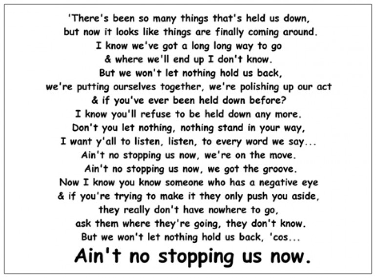 Back of the opening night invite with the lyrics to Ain't No Stoppin Us Now by McFadden & Whitehead